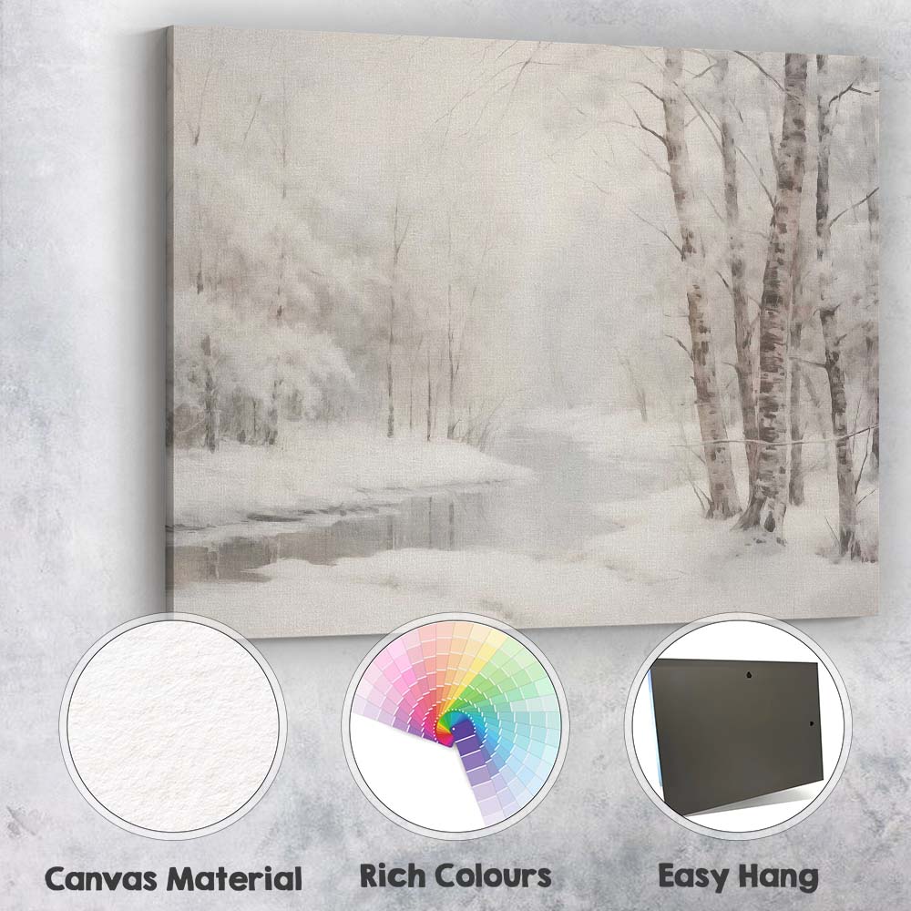 Ethereal Birch Forest Snowy River Winter Watercolour Style Canvas Wall Art Print Decor Picture Ready to Hang