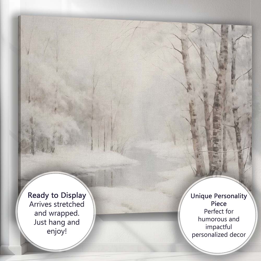 Ethereal Birch Forest Snowy River Winter Watercolour Style Canvas Wall Art Print Decor Picture Ready to Hang