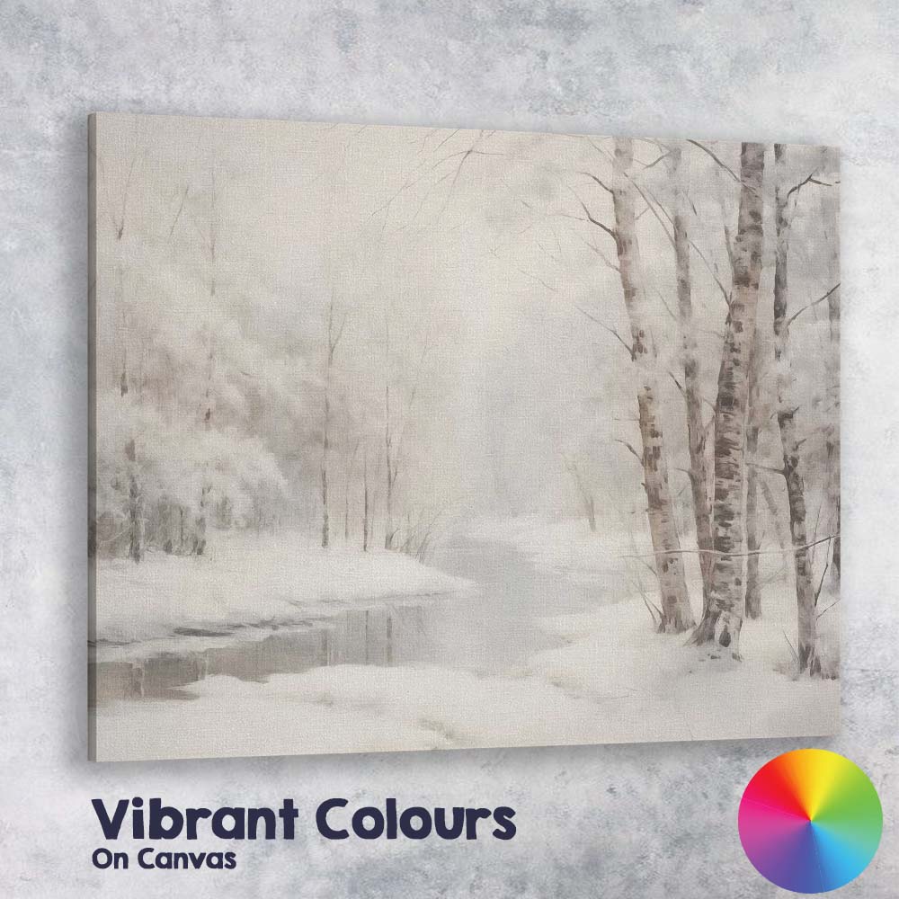 Ethereal Birch Forest Snowy River Winter Watercolour Style Canvas Wall Art Print Decor Picture Ready to Hang