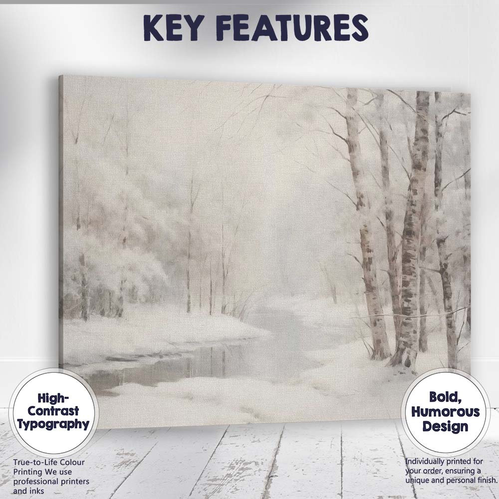 Ethereal Birch Forest Snowy River Winter Watercolour Style Canvas Wall Art Print Decor Picture Ready to Hang