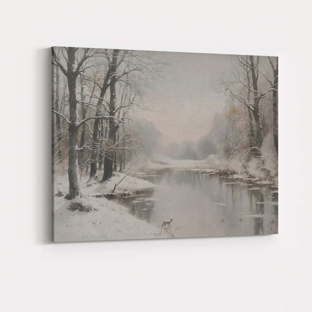 Serene Snow Covered River Monochrome Winter Woodland Landscape Canvas Wall Art Print Decor Picture Ready to Hang