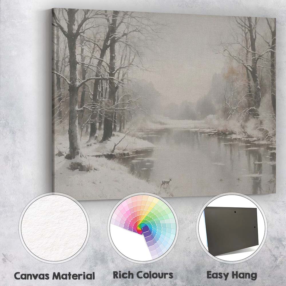 Peaceful Snow Covered River Woodland Winter Landscape Canvas Wall Art Print Decor Picture Ready to Hang