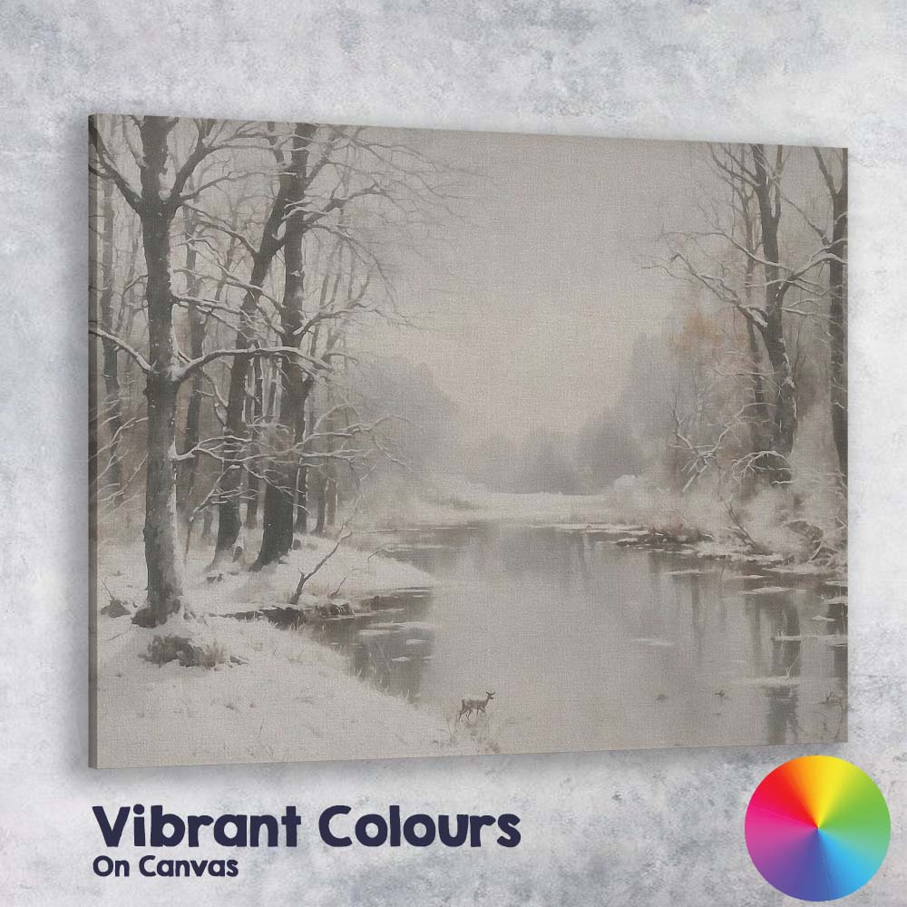 Serene Snow Covered River Monochrome Winter Woodland Landscape Canvas Wall Art Print Decor Picture Ready to Hang