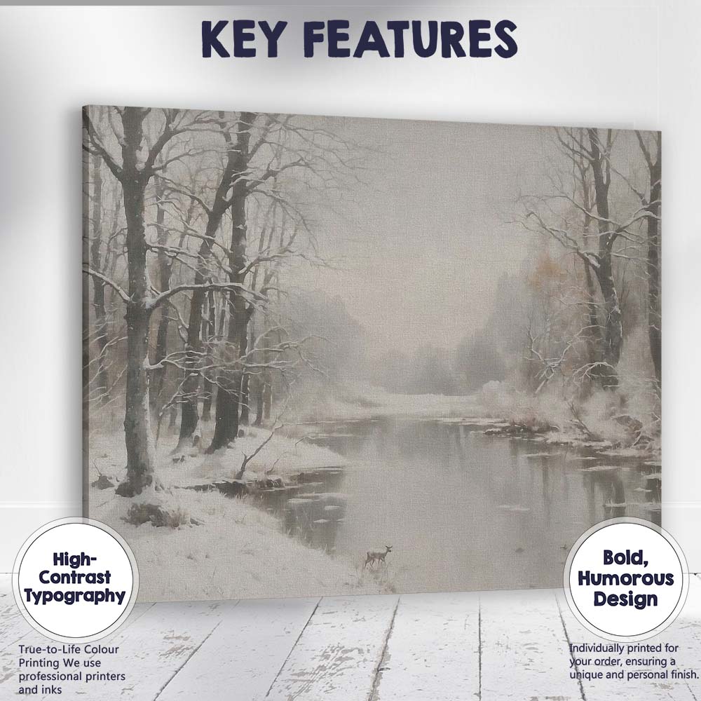 Serene Snow Covered River Monochrome Winter Woodland Landscape Canvas Wall Art Print Decor Picture Ready to Hang