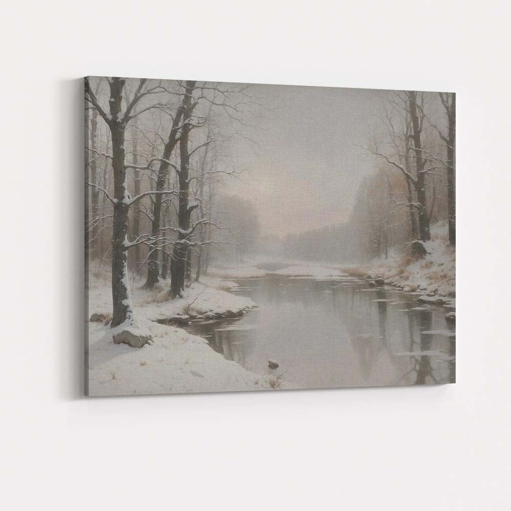 Misty Winter River Snow Covered Woodland Tranquil Landscape Canvas Wall Art Print Decor Picture Ready to Hang