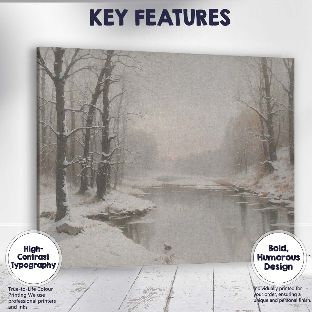 Misty Winter River Snow Covered Woodland Tranquil Landscape Canvas Wall Art Print Decor Picture Ready to Hang