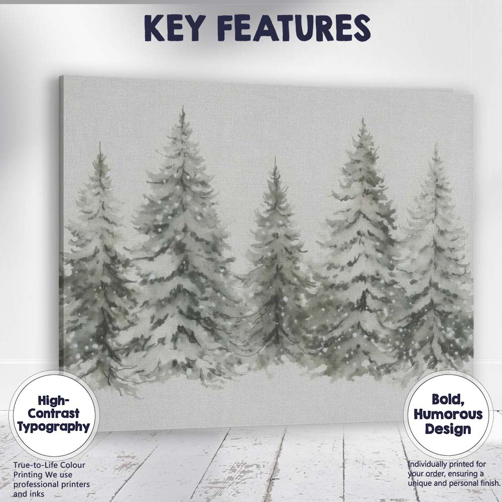 Snow Covered Pine Forest Watercolour Winter Woodland Canvas Wall Art Print Decor Picture Ready to Hang