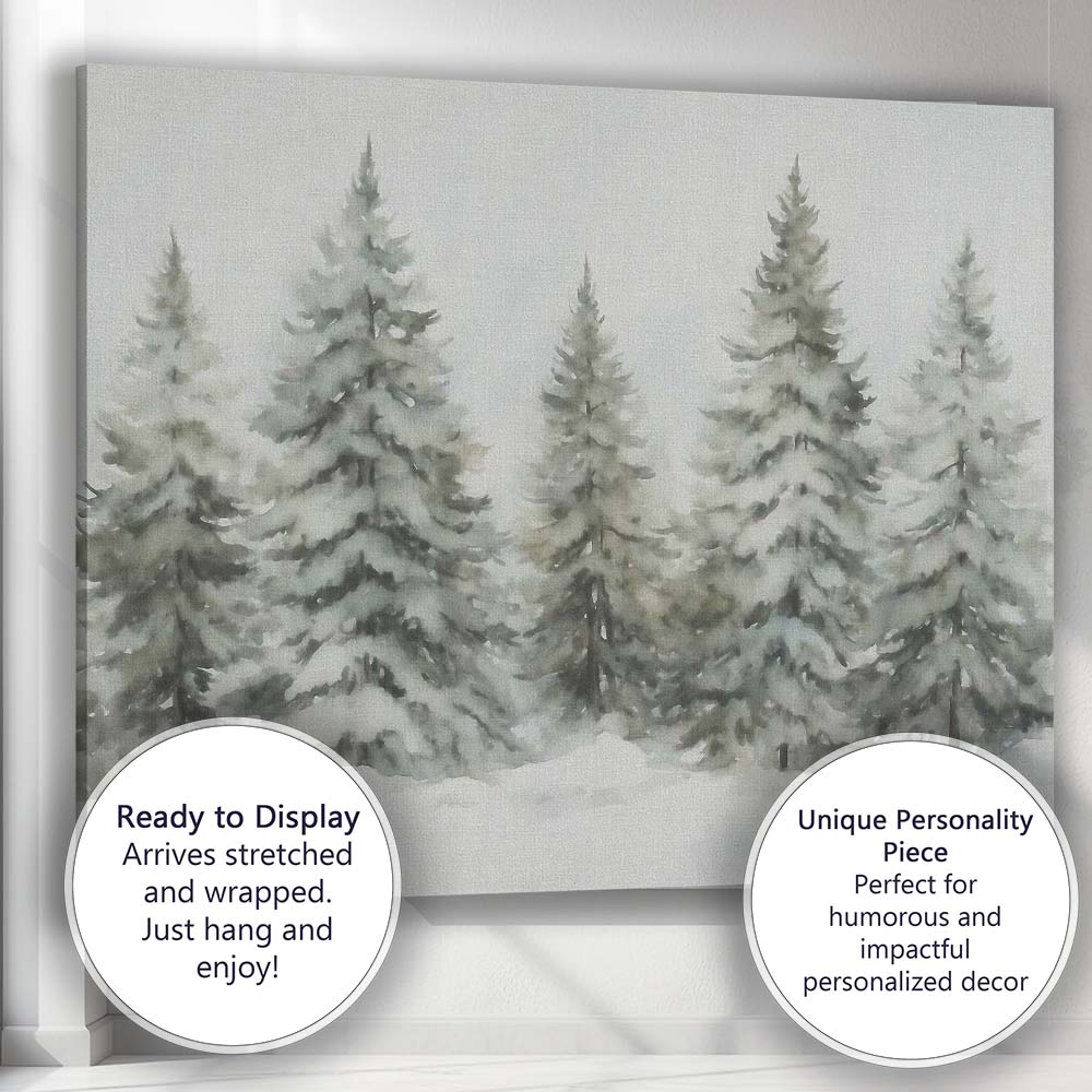 Soft Watercolour Frosted Evergreen Trees Snowy Winter Forest Canvas Wall Art Print Decor Picture Ready to Hang