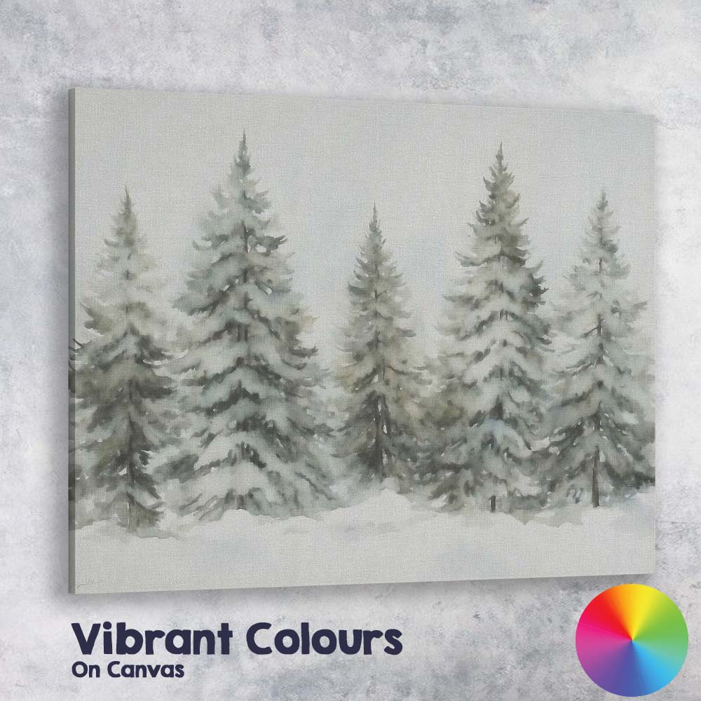 Soft Watercolour Frosted Evergreen Trees Snowy Winter Forest Canvas Wall Art Print Decor Picture Ready to Hang