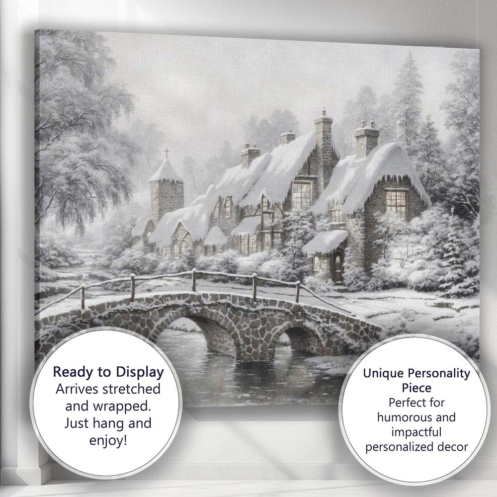 Elegant Frosted Country House Stone Bridge Winter Landscape Canvas Wall Art Print Decor Picture Ready to Hang