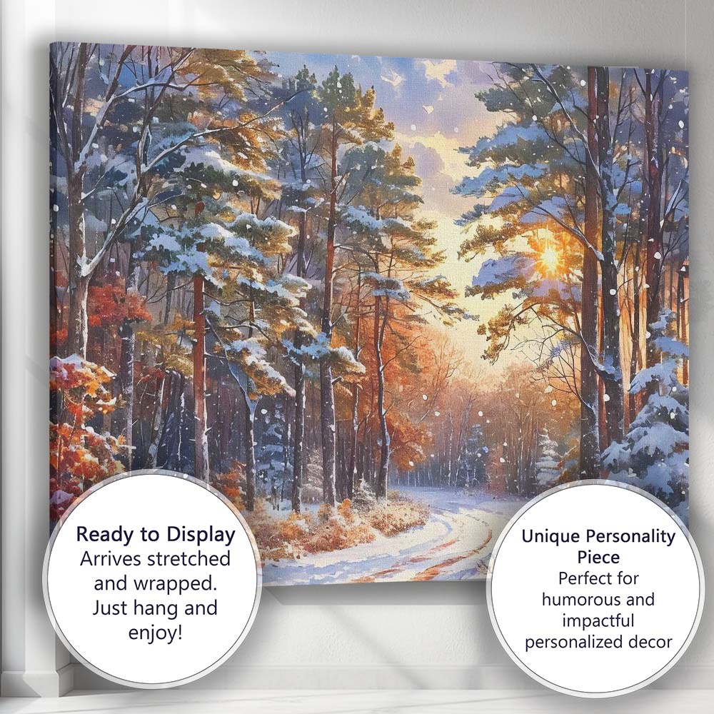Sunlit Snow Covered Pine Forest Winter Scenic Path Canvas Wall Art Print Decor Picture Ready to Hang