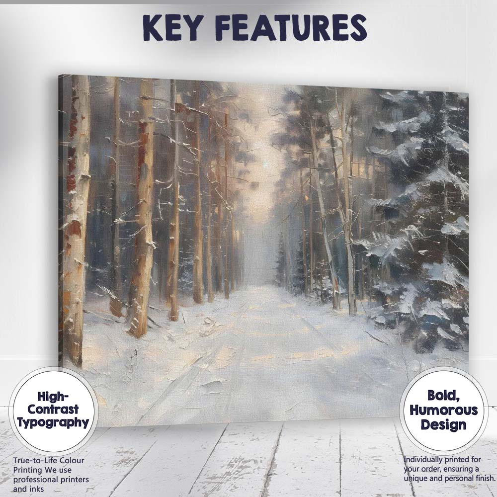 Snow Covered Forest Track Woodland Winter Light Impressionist Canvas Wall Art Print Decor Picture Ready to Hang