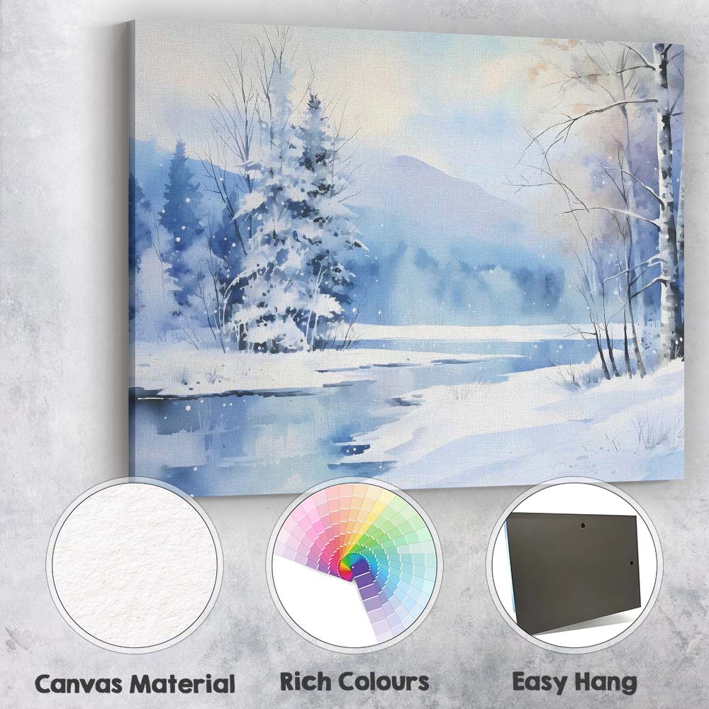 Soft Blue Watercolour Snowy Forest Lake Winter Landscape Canvas Wall Art Print Decor Picture Ready to Hang