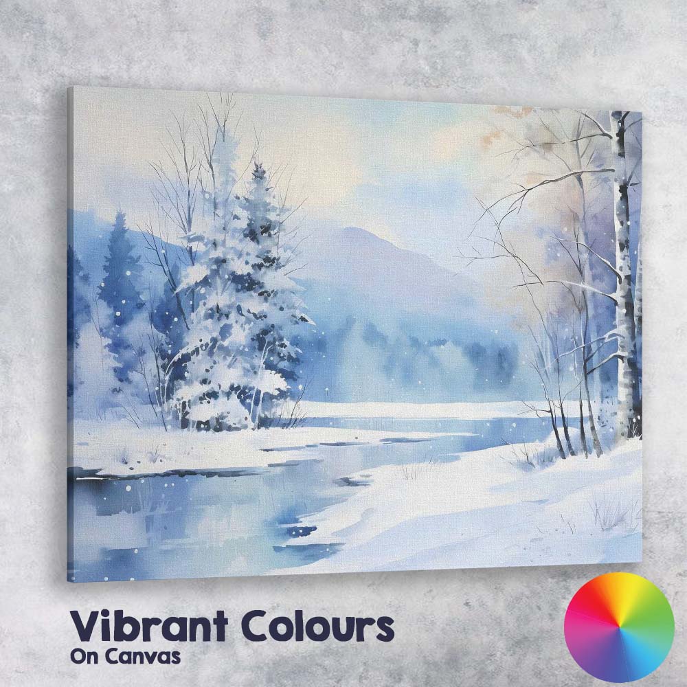 Soft Blue Watercolour Snowy Forest Lake Winter Landscape Canvas Wall Art Print Decor Picture Ready to Hang