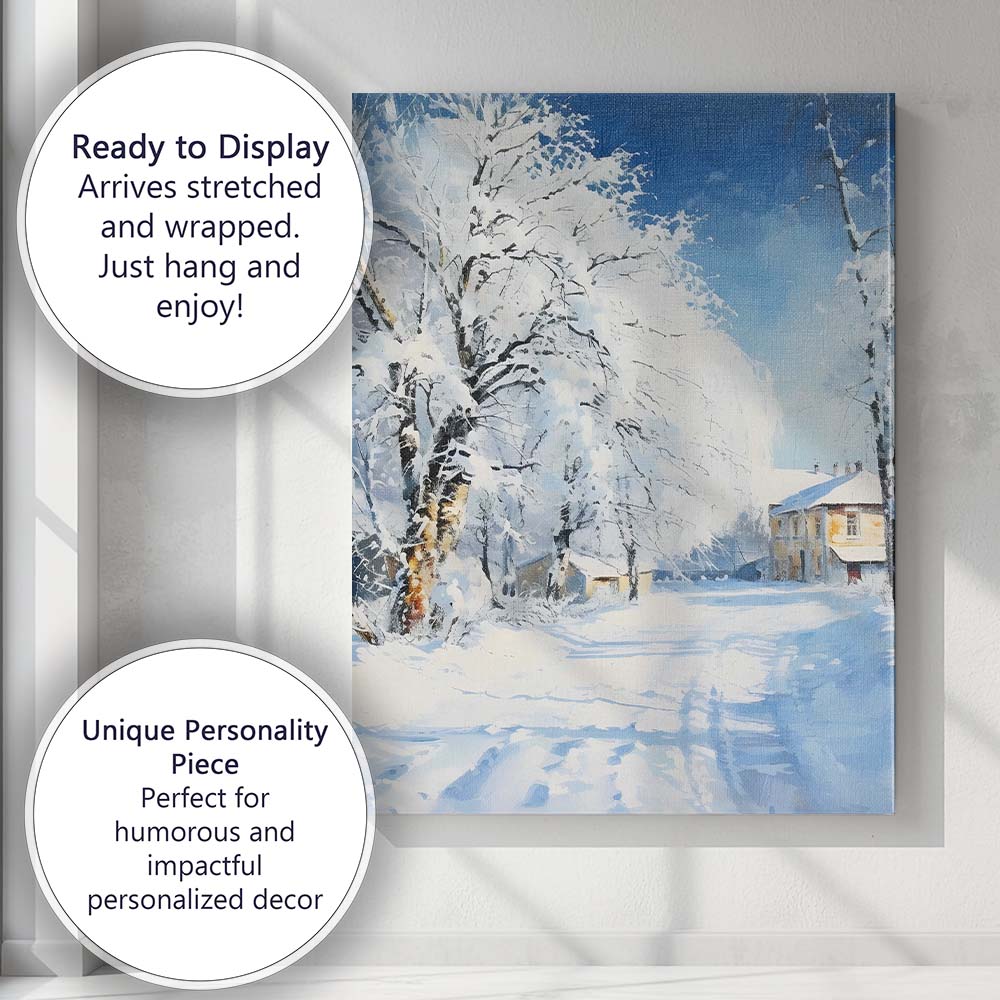 Bright Snow Laden Village Street Winter Watercolour Scene Canvas Wall Art Print Decor Picture Ready to Hang