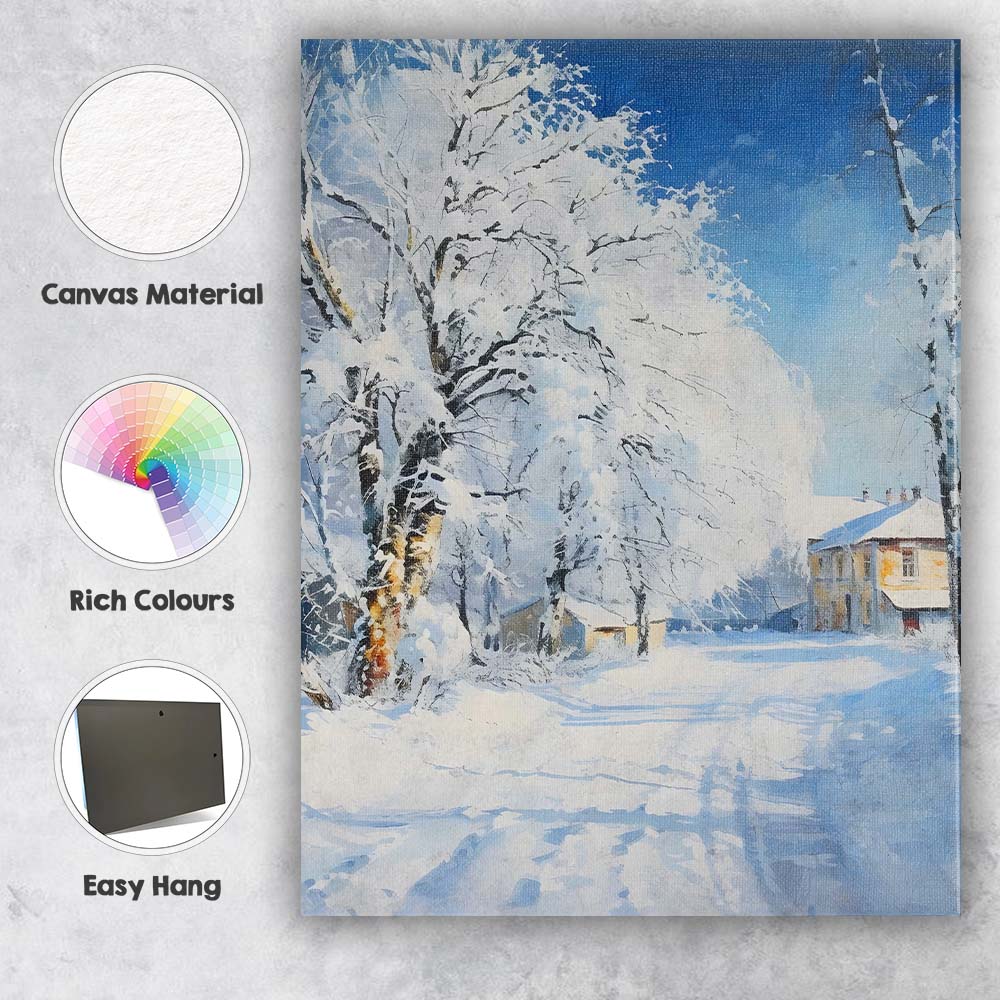 Bright Snow Laden Village Street Winter Watercolour Scene Canvas Wall Art Print Decor Picture Ready to Hang