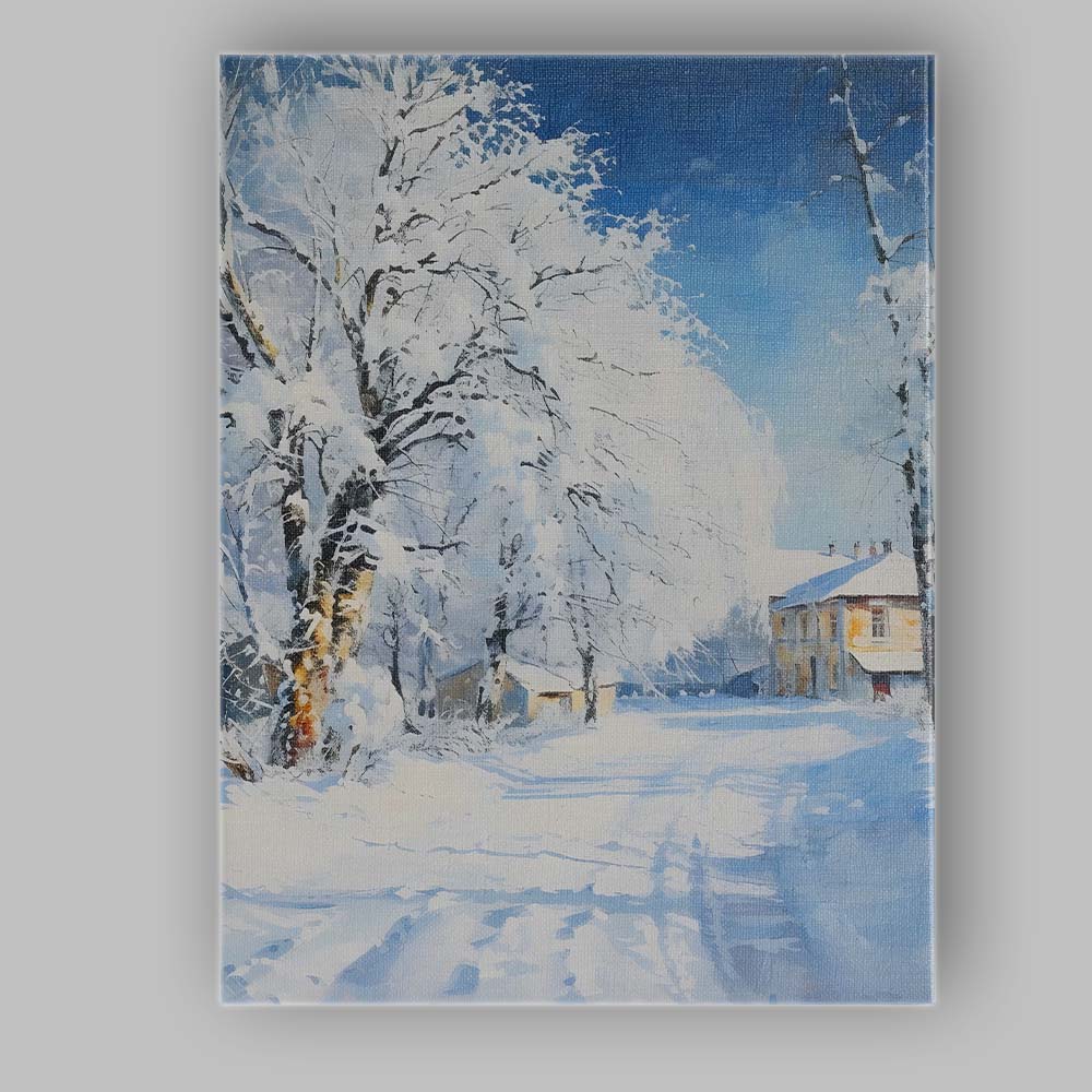 Bright Snow Laden Village Street Winter Watercolour Scene Canvas Wall Art Print Decor Picture Ready to Hang
