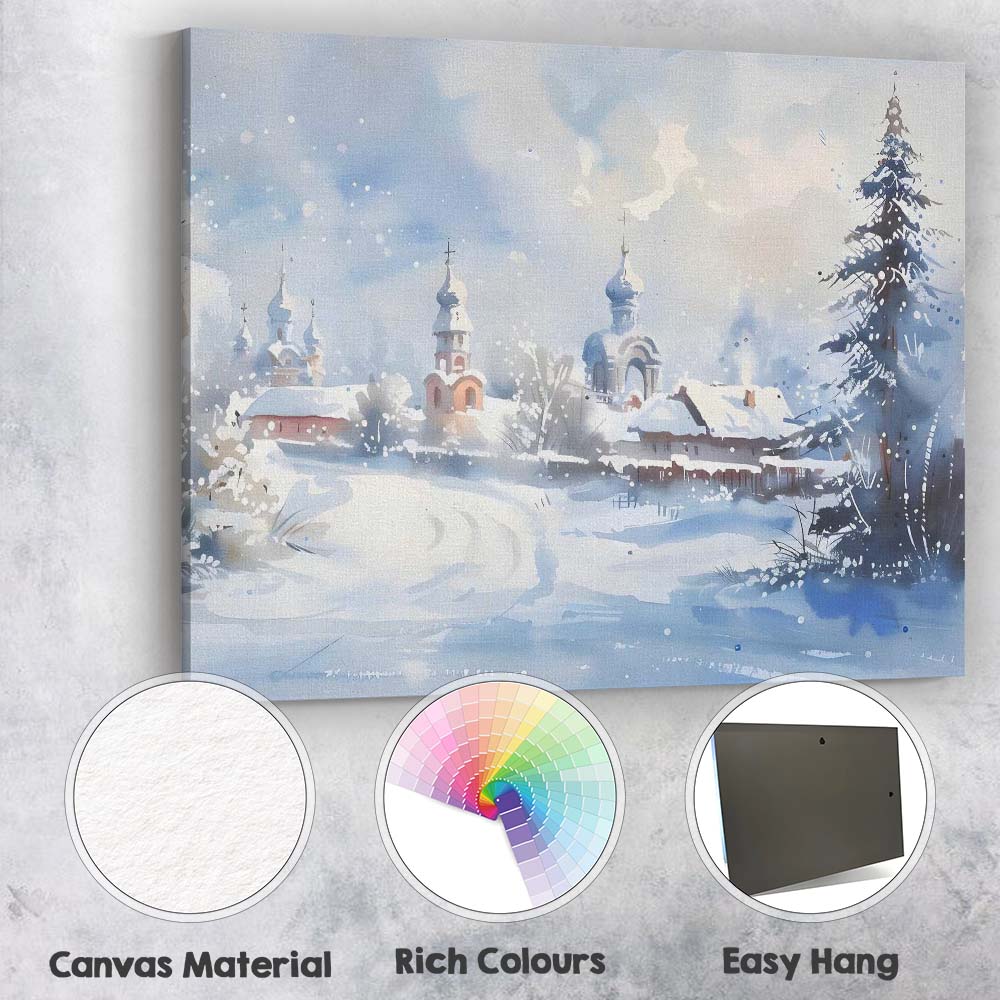 Snow Covered Church Village Winter Watercolour Landscape Canvas Wall Art Print Decor Picture Ready to Hang