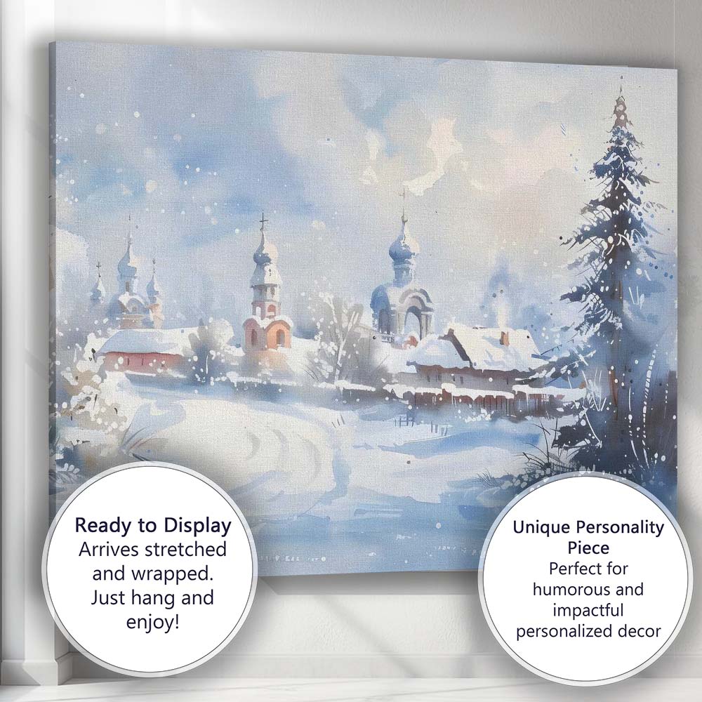 Snow Covered Church Village Winter Watercolour Landscape Canvas Wall Art Print Decor Picture Ready to Hang