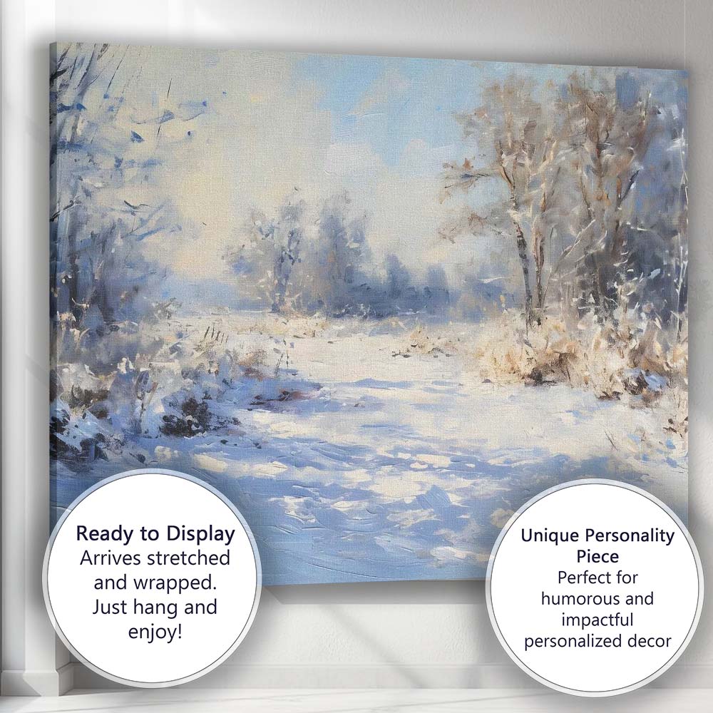 Textured Frosted Countryside Winter Landscape Impressionist Painting Canvas Wall Art Print Decor Picture Ready to Hang
