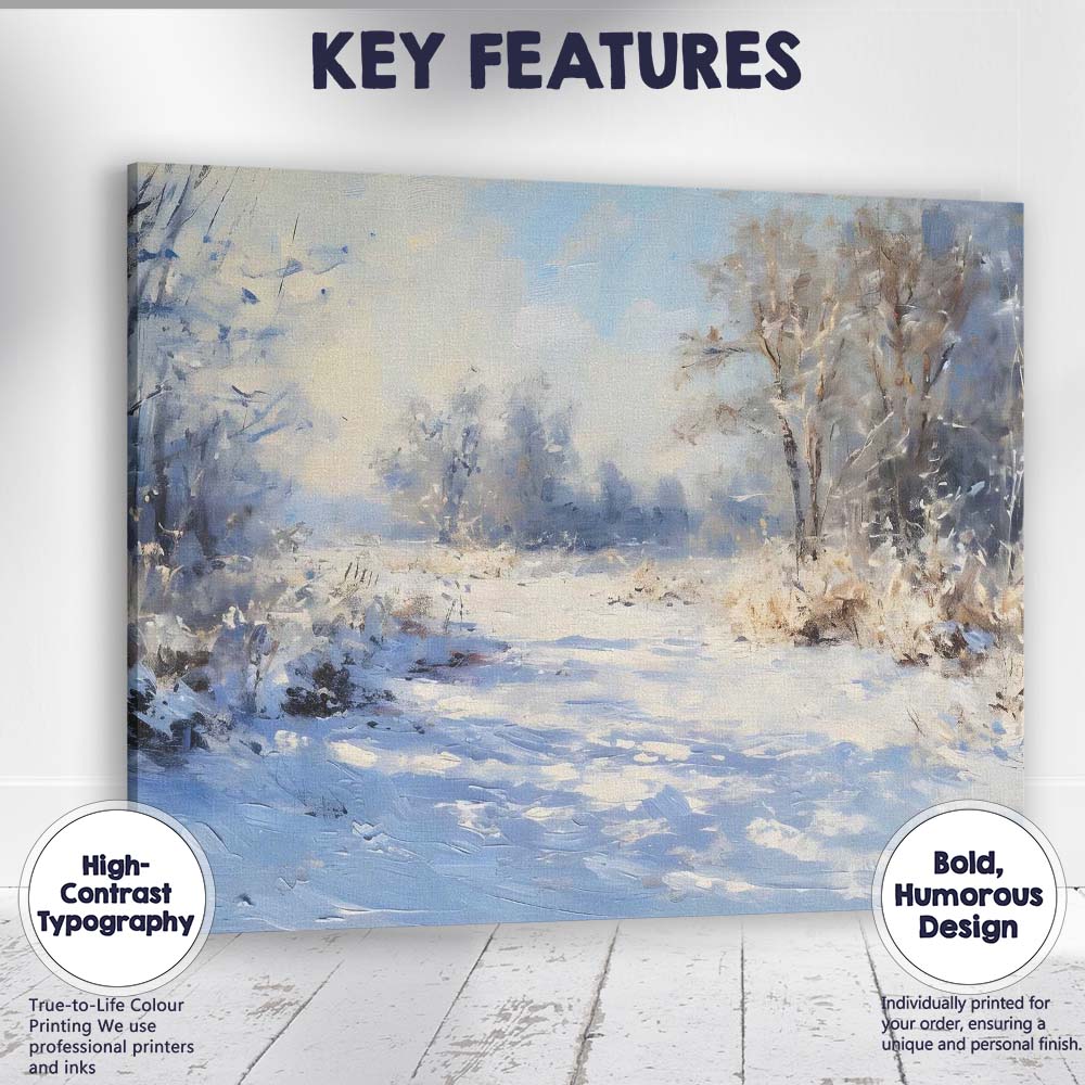 Textured Frosted Countryside Winter Landscape Impressionist Painting Canvas Wall Art Print Decor Picture Ready to Hang