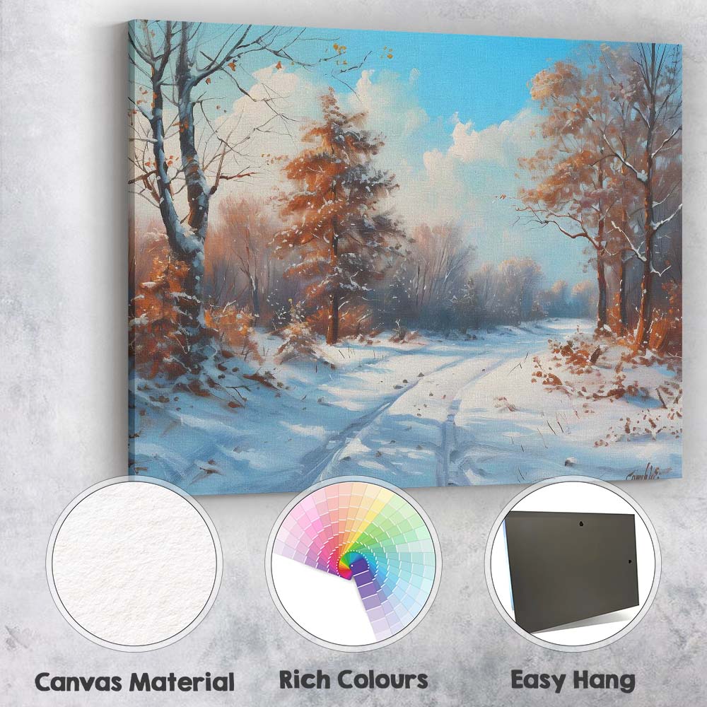 Winter Woodland Path Blue Sky Snow Landscape Painting Canvas Wall Art Print Decor Picture Ready to Hang