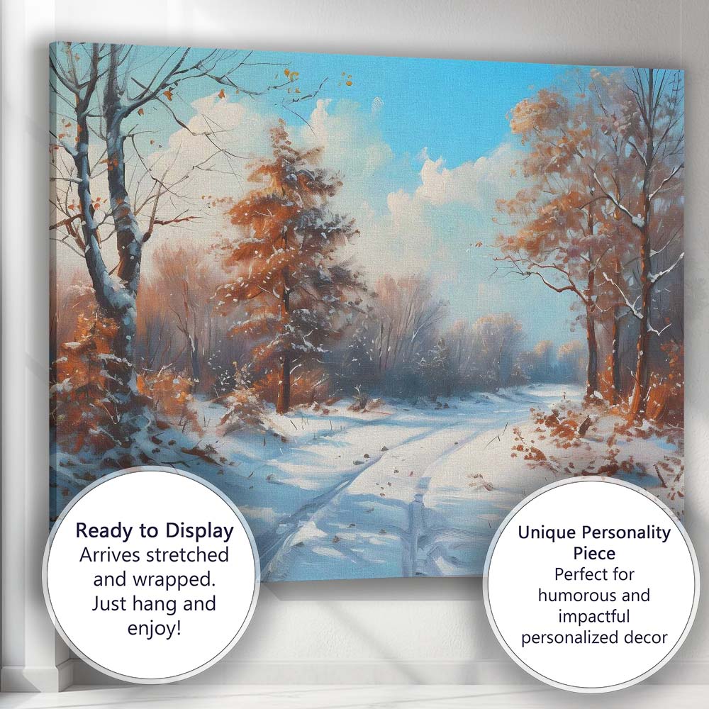 Warm Toned Winter Woodland Snow Track Landscape Canvas Wall Art Print Decor Picture Ready to Hang