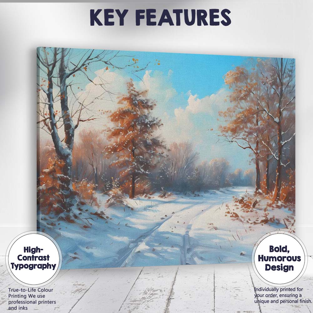 Winter Woodland Path Blue Sky Snow Landscape Painting Canvas Wall Art Print Decor Picture Ready to Hang