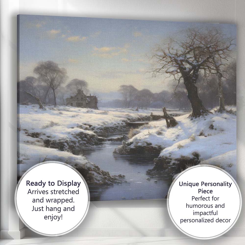 Peaceful Snow Covered Riverside Winter Countryside Landscape Canvas Wall Art Print Decor Picture Ready to Hang