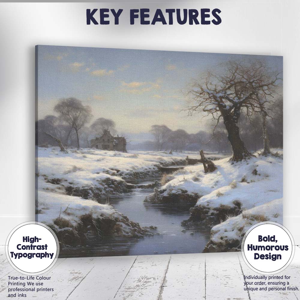 Peaceful Snow Covered Riverside Winter Countryside Landscape Canvas Wall Art Print Decor Picture Ready to Hang