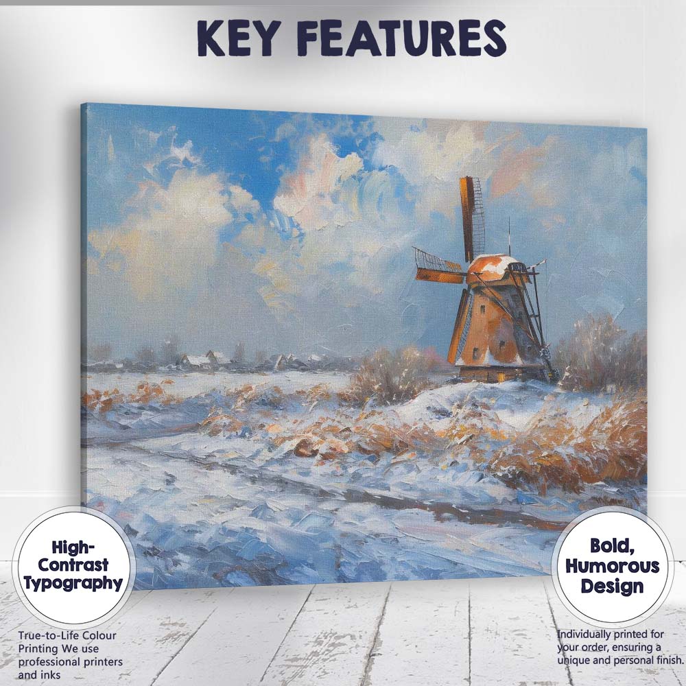 Impressionist Snowy Dutch Windmill Winter Landscape Blue Sky Canvas Wall Art Print Decor Picture Ready to Hang
