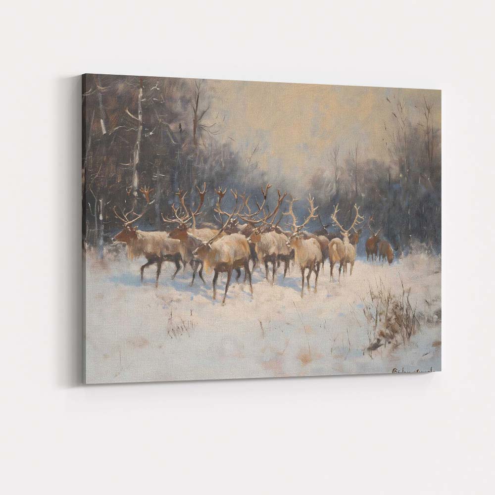 Soft Impressionist Reindeer Herd Snow Covered Woodland Canvas Wall Art Print Decor Picture Ready to Hang