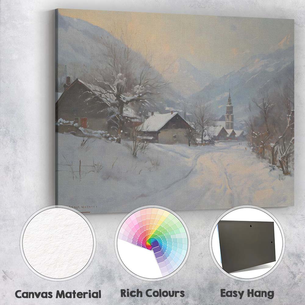 Peaceful Alpine Winter Village Mountain Landscape Canvas Wall Art Print Decor Picture Ready to Hang