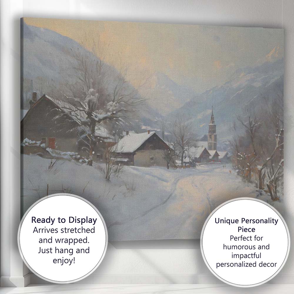 Peaceful Alpine Village Snowy Mountain Winter Scene Canvas Wall Art Print Decor Picture Ready to Hang