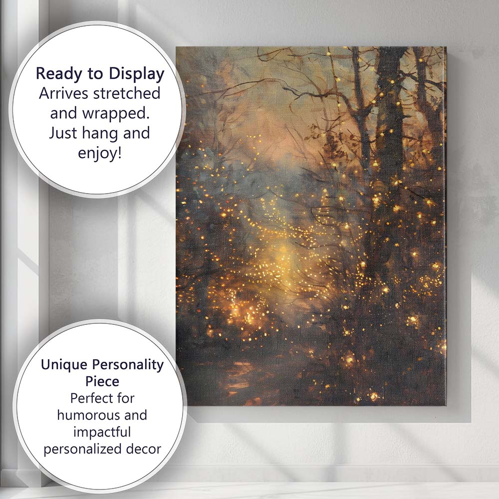 Golden Fireflies Enchanted Woodland Twilight Abstract Canvas Wall Art Print Decor Picture Ready to Hang