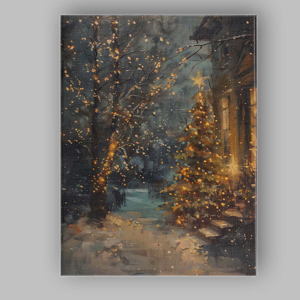 Enchanting Christmas Tree Golden Lights Snowy Village Canvas Wall Art Print Decor Picture Ready to Hang