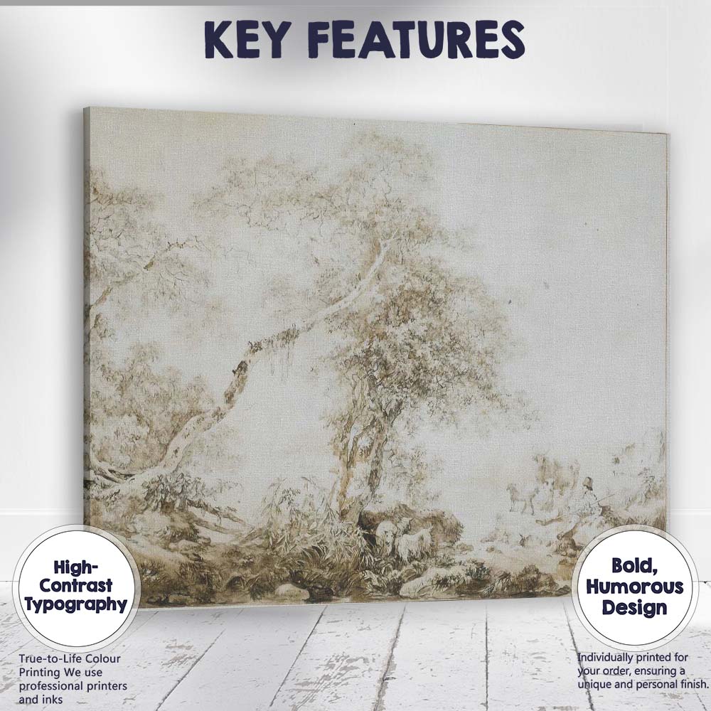 Sepia Rustic Countryside Tree Pastoral Sketch Canvas Wall Art Print Decor Picture Ready to Hang