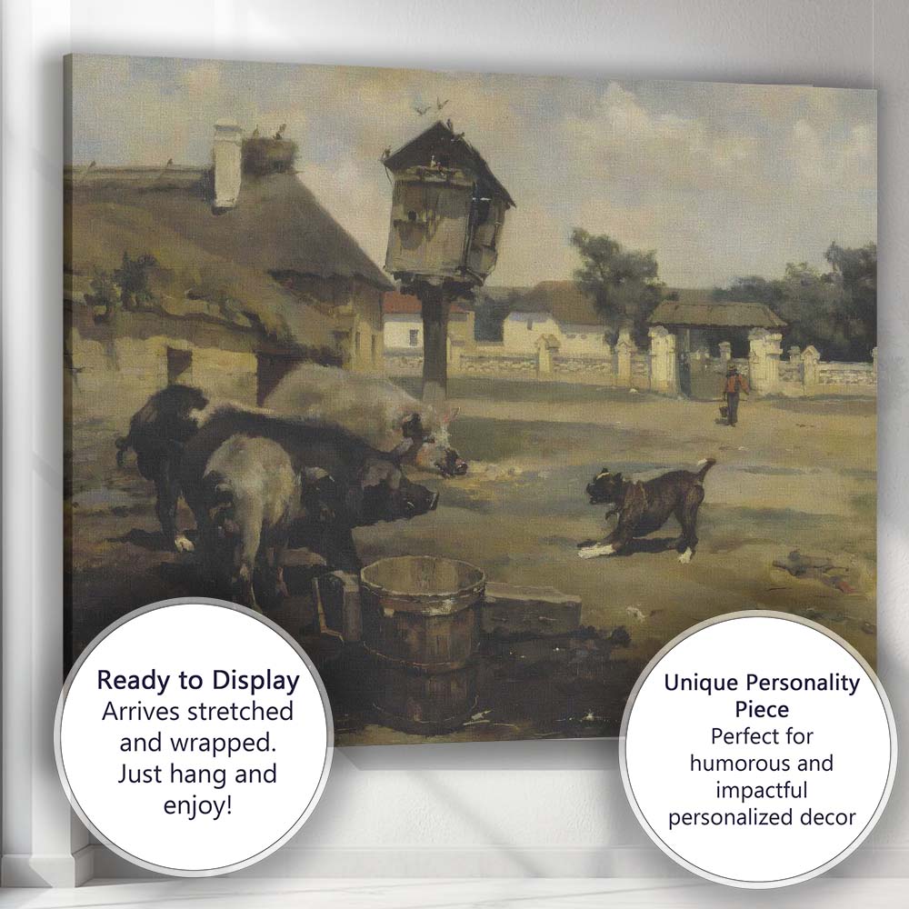 Traditional Rustic Farmyard Pigs Village Courtyard Oil Painting Canvas Wall Art Print Decor Picture Ready to Hang