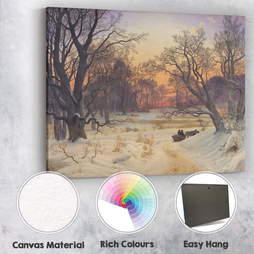 Snowy Forest Track Sunset Horse Cart Landscape Canvas Wall Art Print Decor Picture Ready to Hang