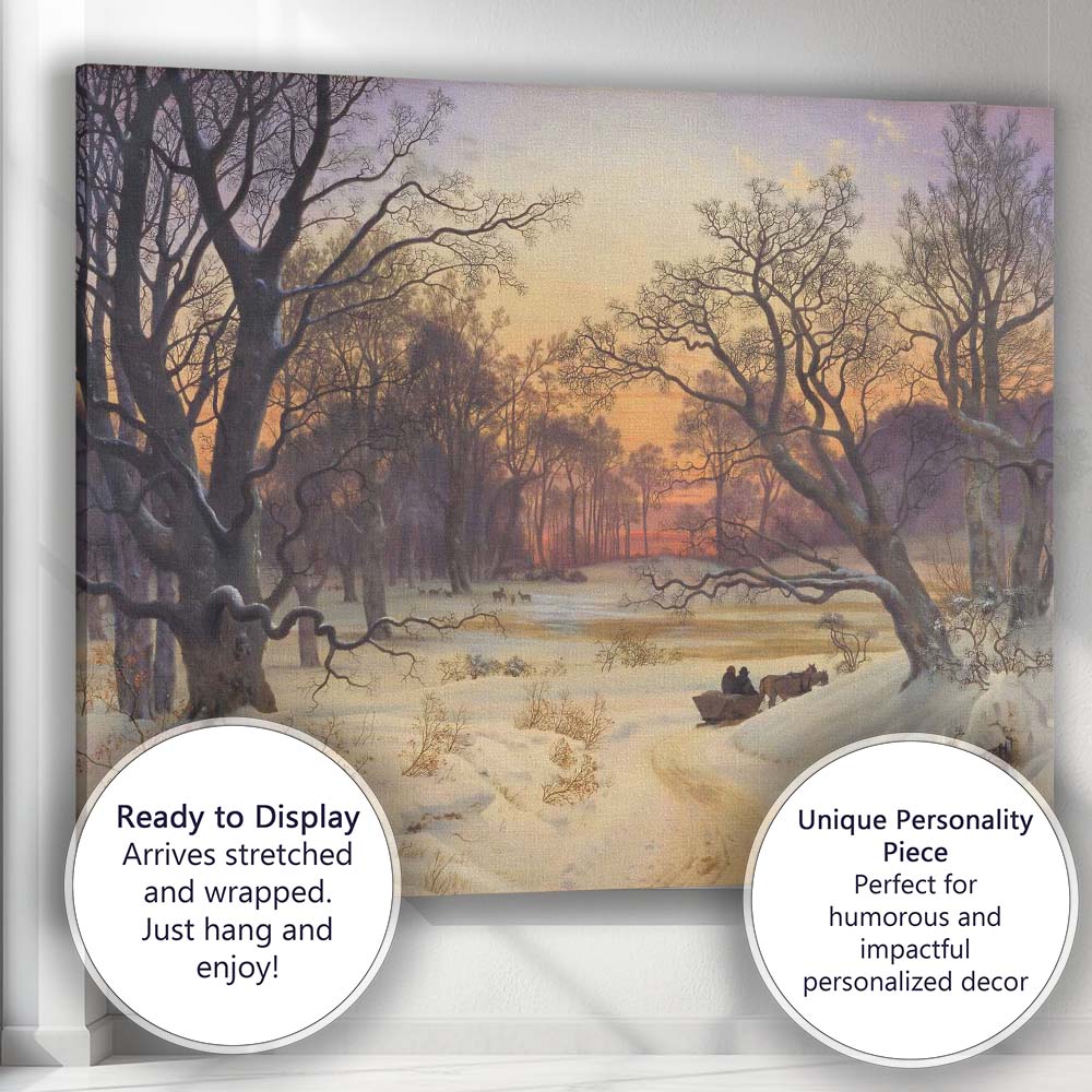 Winter Snow Covered Forest Horse Sleigh Sunset Landscape Canvas Wall Art Print Decor Picture Ready to Hang
