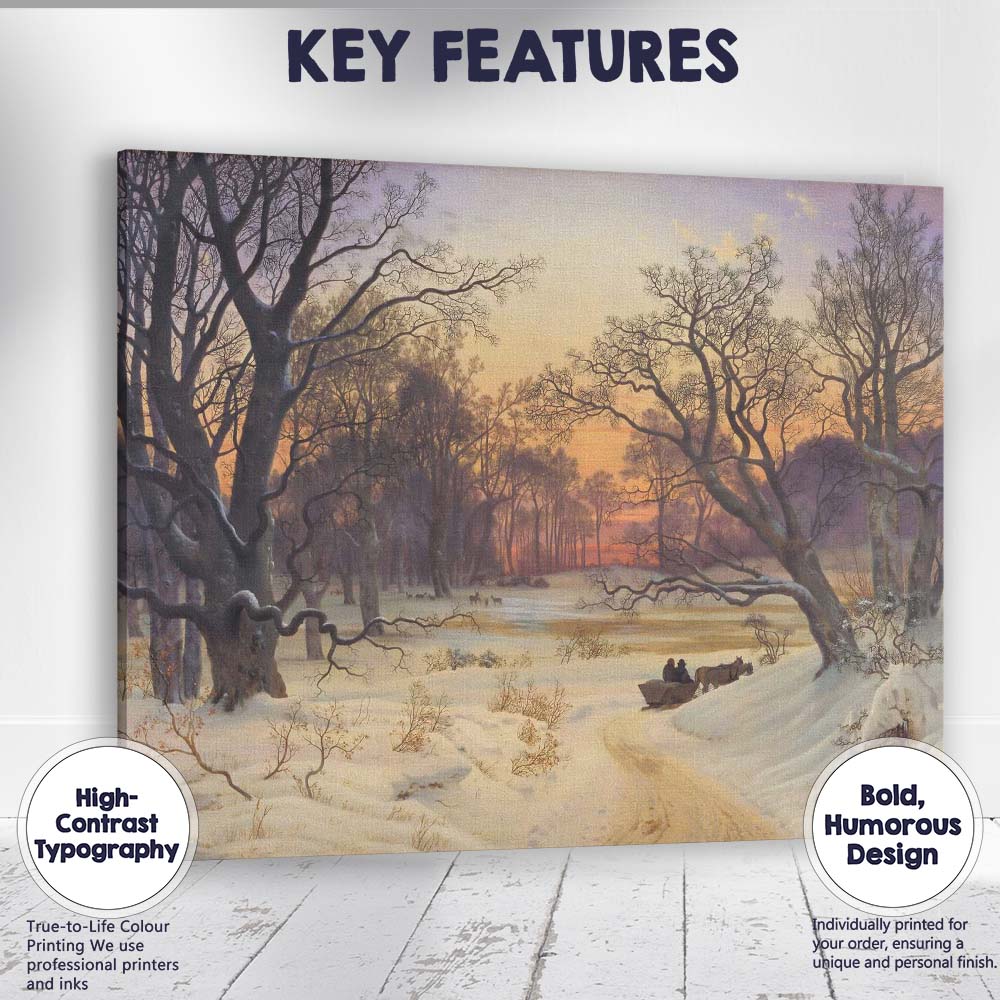 Snowy Forest Track Sunset Horse Cart Landscape Canvas Wall Art Print Decor Picture Ready to Hang