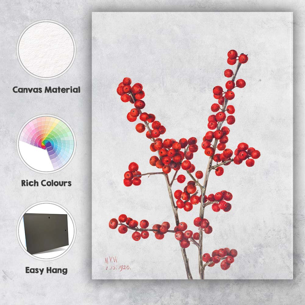 Botanical Red Winter Holly Berries Minimal Watercolour Illustration Canvas Wall Art Print Decor Picture Ready to Hang