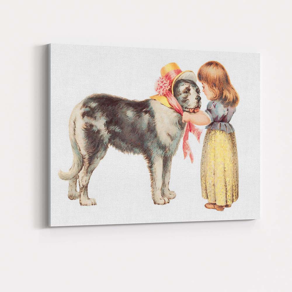 Victorian Girl With Large Black Dog Antique Illustration Canvas Wall Art Print Decor Picture Ready to Hang