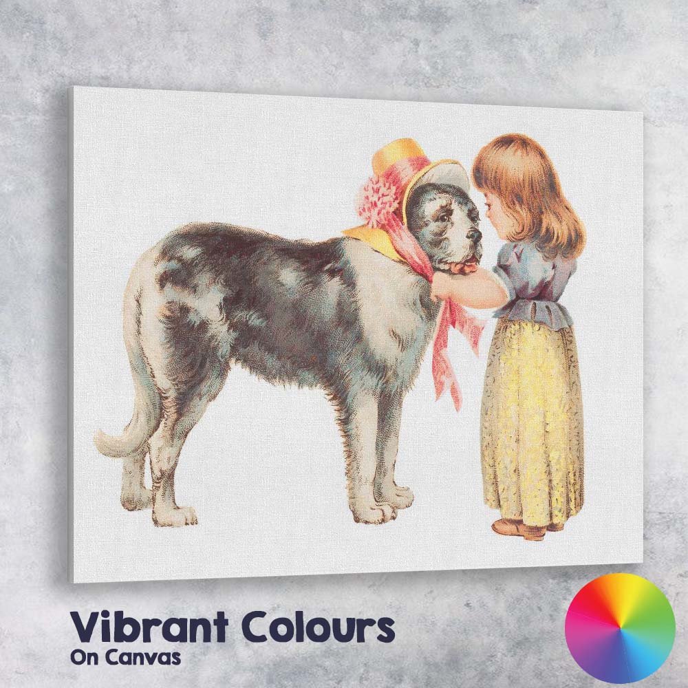 Victorian Girl With Large Black Dog Antique Illustration Canvas Wall Art Print Decor Picture Ready to Hang