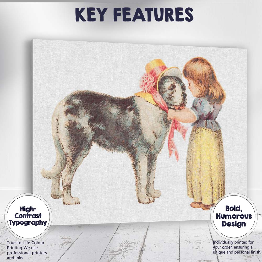Victorian Girl With Large Black Dog Antique Illustration Canvas Wall Art Print Decor Picture Ready to Hang