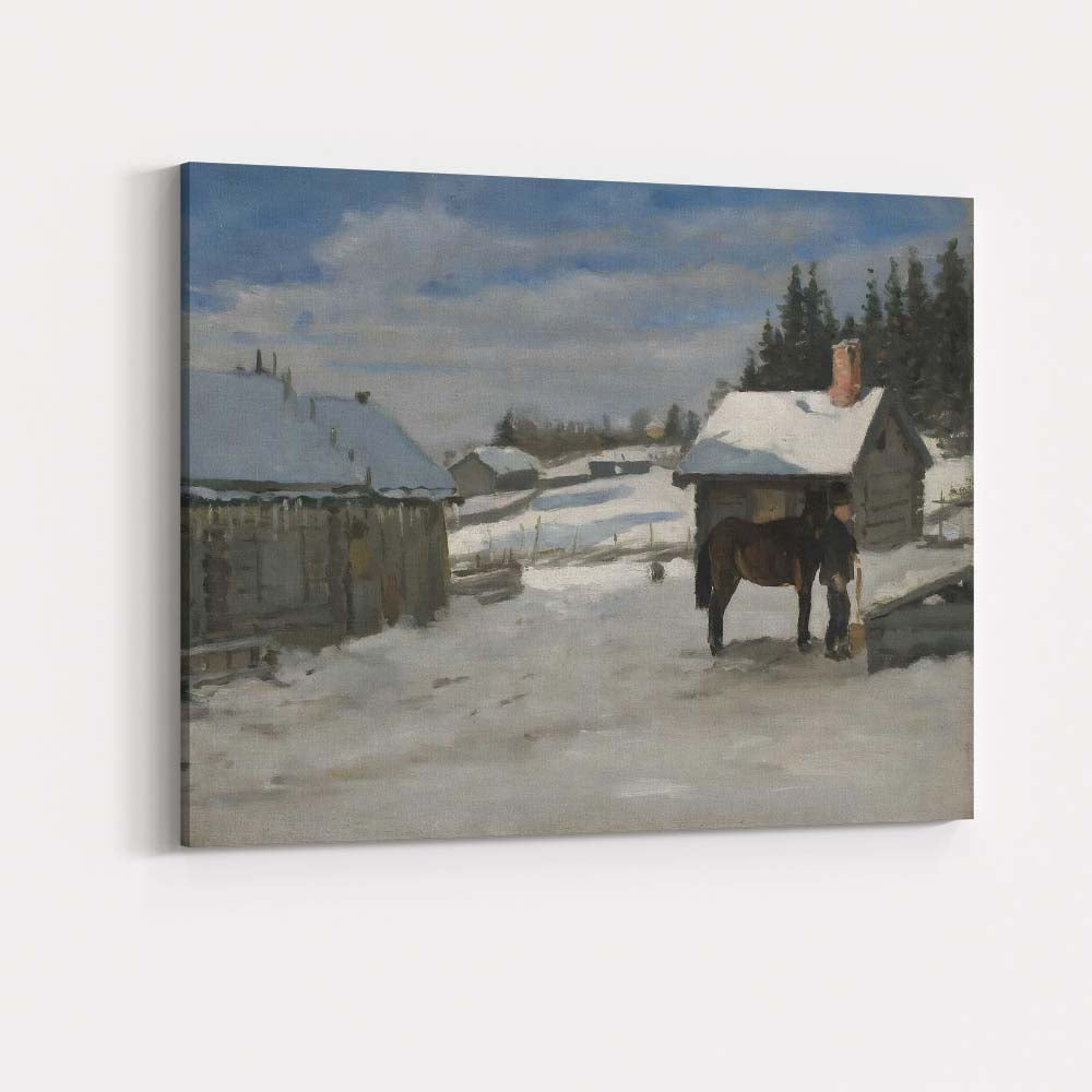 Impressionist Snowy Farmhouse Horse Winter Rural Landscape Canvas Wall Art Print Decor Picture Ready to Hang