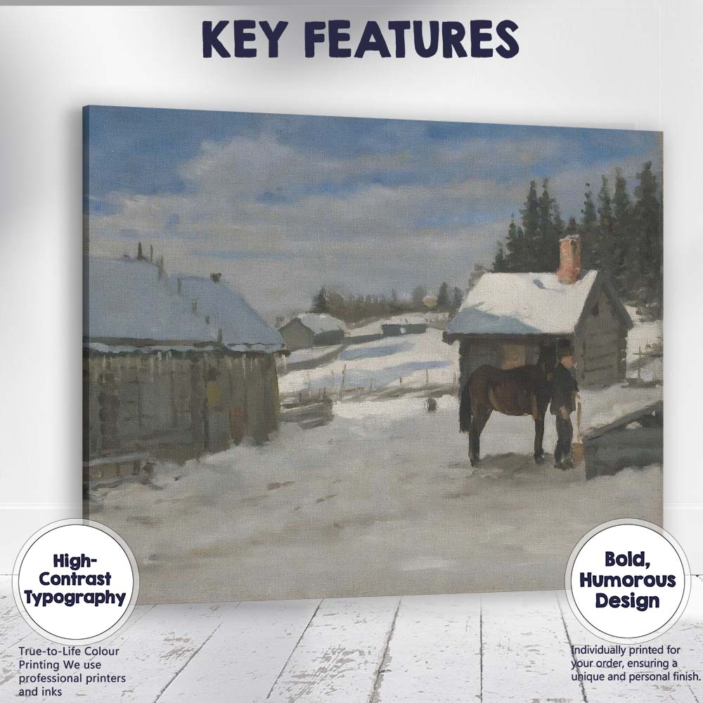 Impressionist Snowy Farmhouse Horse Winter Rural Landscape Canvas Wall Art Print Decor Picture Ready to Hang