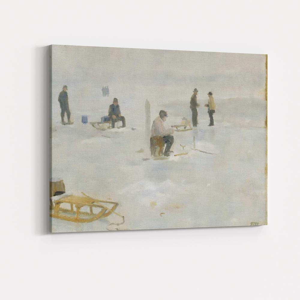 Atmospheric Ice Fishing On Frozen Lake Winter Painting Canvas Wall Art Print Decor Picture Ready to Hang