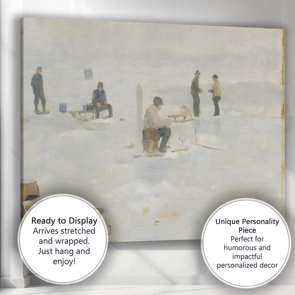 Soft Impressionist Winter Ice Fishing Frozen Lake Snow Scene Canvas Wall Art Print Decor Picture Ready to Hang