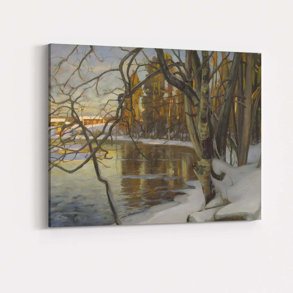 Reflective Winter Woodland River Landscape Painting Canvas Wall Art Print Decor Picture Ready to Hang